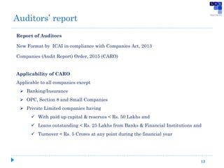 13
Report of Auditors
New Format by ICAI in compliance with Companies Act, 2013
Companies (Audit Report) Order, 2015 (CARO)
Auditors’ report
Applicability of CARO
Applicable to all companies except
 Banking/Insurance
 OPC, Section 8 and Small Companies
 Private Limited companies having
 With paid up capital & reserves < Rs. 50 Lakhs and
 Loans outstanding < Rs. 25 Lakhs from Banks & Financial Institutions and
 Turnover < Rs. 5 Crores at any point during the financial year
 