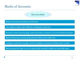 Books of Accounts
6
Books of accounts include Cost Records
Accessible in India and usable for subsequent reference
Branch records must be kept unaltered and in a manner as received from branches
Books of Accounts can be maintained in Electronic mode also
A proper system for storage, retrieval, display or printout of electronic records
Back up must be kept in servers physically located in India on a periodic basis
Electronic Mode
 