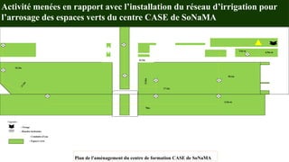 Activité menées en rapport avec l’installation du réseau d’irrigation pour
l’arrosage des espaces verts du centre CASE de SoNaMA
: Conduites d’eau
Légendes :
: Forage
: Bouches hydrantes
: Espaces verts
6.9m m
11m m
50.1m
3.3m m
70m
17.2m
12.8m
42.5m
1
7
.
2
m
54.3m
Plan de l'aménagement du centre de formation CASE de SoNaMA
 