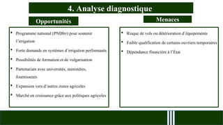 Opportunités Menaces
4. Analyse diagnostique
 Programme national (PNDIrr) pour soutenir
l’irrigation
 Forte demande en systèmes d’irrigation performants
 Possibilités de formation et de vulgarisation
 Partenariats avec universités, ministères,
fournisseurs
 Expansion vers d’autres zones agricoles
 Marché en croissance grâce aux politiques agricoles
 Risque de vols ou détérioration d’équipements
 Faible qualification de certains ouvriers temporaires
 Dépendance financière à l’État
 