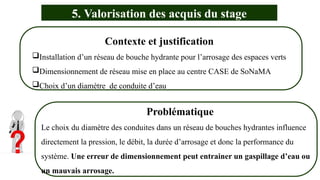 5. Valorisation des acquis du stage
Contexte et justification
Installation d’un réseau de bouche hydrante pour l’arrosage des espaces verts
Dimensionnement de réseau mise en place au centre CASE de SoNaMA
Choix d’un diamètre de conduite d’eau
Problématique
Le choix du diamètre des conduites dans un réseau de bouches hydrantes influence
directement la pression, le débit, la durée d’arrosage et donc la performance du
système. Une erreur de dimensionnement peut entrainer un gaspillage d’eau ou
un mauvais arrosage.
 