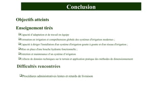 Objectifs atteints
Enseignement tirés
Conclusion
Difficultés rencontrées
Procédures administratives lentes et retards de livraison
Capacité d’adaptation et de travail en équipe
Formation en irrigation et compréhension globale des systèmes d'irrigation modernes ;
Capacité à diriger l'installation d'un système d'irrigation goutte à goutte et d'un réseau d'irrigation ;
Mise en place d'une bouche hydrante fonctionnelle ;
Entretien et maintenance d’un système d’irrigation
Collecte de données techniques sur le terrain et application pratique des méthodes de dimensionnement
 