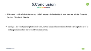 21
Capitalist Slides
5.Conclusion
• Cet exposé est le résultat des travaux réalisés au cours de la période de mon stage au sein du Centre de
Services Clientèle de Ghazala
• ce stage a été bénéfique sur plusieurs niveaux, surtout en ce qui concerne ma tentative d’adaptation avec le
milieu professionnel du travail en télécommunications.
 