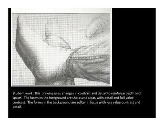 Student	
  work:	
  This	
  drawing	
  uses	
  changes	
  in	
  contrast	
  and	
  detail	
  to	
  reinforce	
  depth	
  and	
  
space.	
  	
  The	
  forms	
  in	
  the	
  foreground	
  are	
  sharp	
  and	
  clear,	
  with	
  detail	
  and	
  full	
  value	
  
contrast.	
  	
  The	
  forms	
  in	
  the	
  background	
  are	
  soIer	
  in	
  focus	
  with	
  less	
  value	
  contrast	
  and	
  
detail.	
  	
  	
  
 