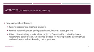 ACTIVITIES (ADDRESSING NEEDS OF ALL TARGETS)
 International conference
 Targets: researchers, teachers, students
 Format: academic paper, pedagogical cases, business cases, posters
 Allows disseminating results, ideas, projects. Promotes the contact between
researchers, collaboration. Emergence of ideas for future projects; building trust
and confidence. Allows knowing better partners.
ANABELA MESQUITA 9
 