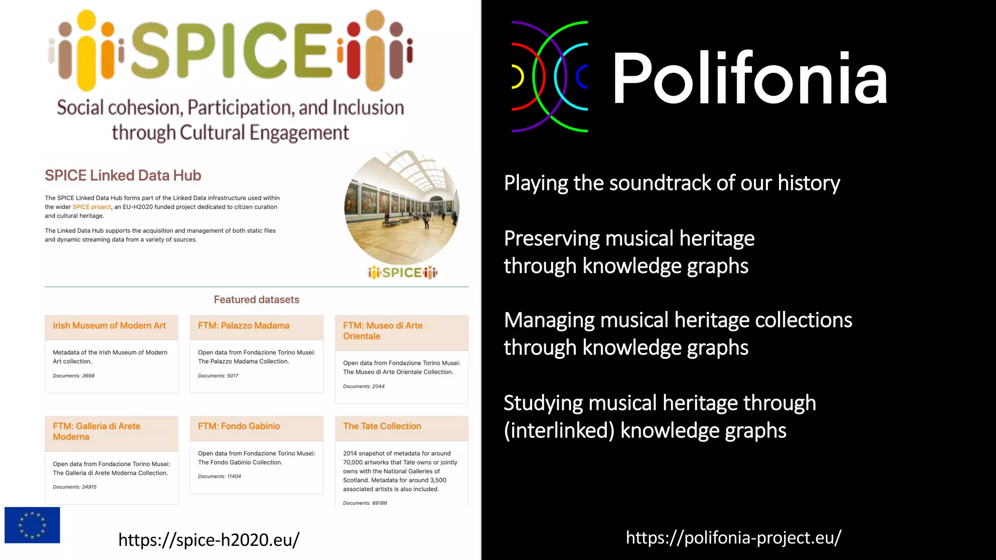 Playing the soundtrack of our history
Preserving musical heritage
through knowledge graphs
Managing musical heritage collections
through knowledge graphs
Studying musical heritage through
(interlinked) knowledge graphs
https://spice-h2020.eu/ https://polifonia-project.eu/
 