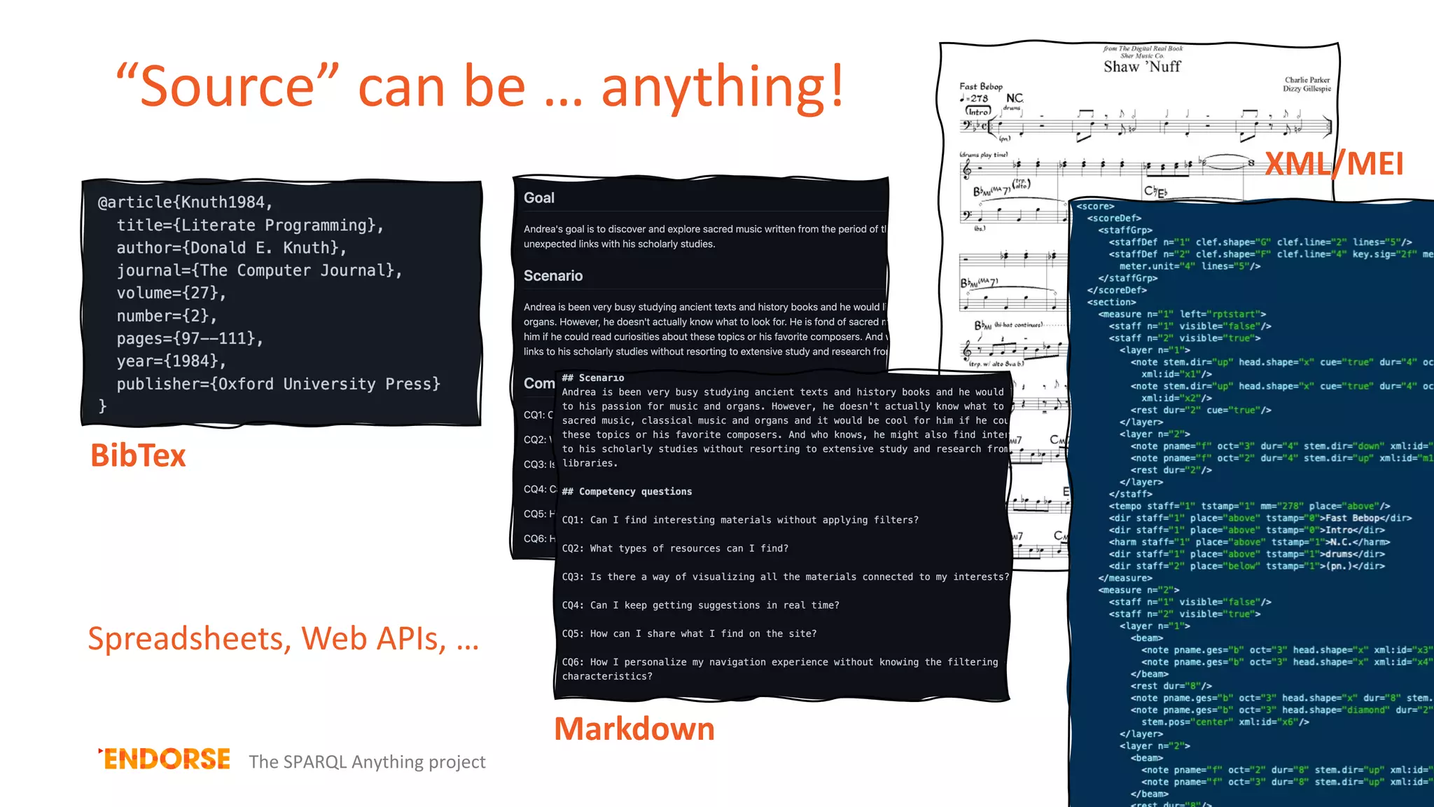 “Source” can be … anything!
The SPARQL Anything project
BibTex
Markdown
XML/MEI
Spreadsheets, Web APIs, …
 
