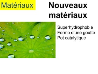 Matériaux Nouveaux
matériaux
Superhydrophobie
Forme d’une goutte
Pot catalytique
 