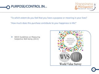 PURPOSE/CONTROL IN…
“To which extent do you feel that you have a purpose or meaning in your
lives?
“How much does this purchase contribute to your happiness in life?”
OECD Guidelines on Measuring
Subjective Well-being (2013)
26
 