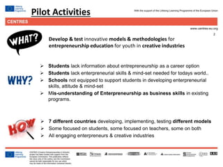2
 Students lack information about entrepreneurship as a career option
 Students lack enterpreneurial skills & mind-set needed for todays world..
 Schools not equipped to support students in developing enterpreneurial
skills, attitude & mind-set
 Mis-understanding of Enterpreneurship as business skills in existing
programs.
Pilot Activities
Develop & test innovative models & methodologies for
entrepreneurship education for youth in creative industries
 7 different countries developing, implementing, testing different models
 Some focused on students, some focused on teachers, some on both
 All engaging enterpreneurs & creative industries
 