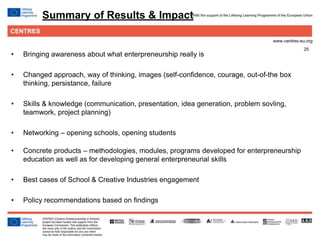 25
• Bringing awareness about what enterpreneurship really is
• Changed approach, way of thinking, images (self-confidence, courage, out-of-the box
thinking, persistance, failure
• Skills & knowledge (communication, presentation, idea generation, problem sovling,
teamwork, project planning)
• Networking – opening schools, opening students
• Concrete products – methodologies, modules, programs developed for enterpreneurship
education as well as for developing general enterpreneurial skills
• Best cases of School & Creative Industries engagement
• Policy recommendations based on findings
Summary of Results & Impact
 