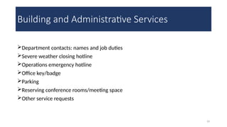 24
Building and Administrative Services
Department contacts: names and job duties
Severe weather closing hotline
Operations emergency hotline
Office key/badge
Parking
Reserving conference rooms/meeting space
Other service requests
 