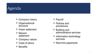 4
 Payroll
 Policies and
procedures
 Building and
administrative services
 Information technology
services
 New-hire paperwork
 Company history
 Organizational
structure
 Vision statement
 Mission
statement
 Company values
 Code of ethics
 Benefits
Agenda
 