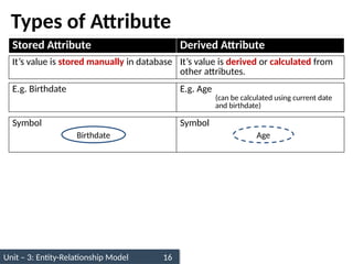 Unit – 3: Entity-Relationship Model 16
Types of Attribute
Stored Attribute Derived Attribute
It’s value is stored manually in database It’s value is derived or calculated from
other attributes.
E.g. Birthdate E.g. Age
(can be calculated using current date
and birthdate)
Symbol Symbol
Birthdate Age
 