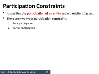 Unit – 3: Entity-Relationship Model 28
Participation Constraints
 It specifies the participation of an entity set in a relationship set.
 There are two types participation constraints
1. Total participation
2. Partial participation
 