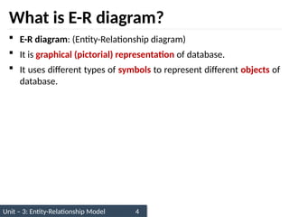 Unit – 3: Entity-Relationship Model 4
What is E-R diagram?
 E-R diagram: (Entity-Relationship diagram)
 It is graphical (pictorial) representation of database.
 It uses different types of symbols to represent different objects of
database.
 