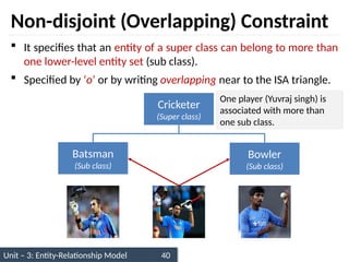 Unit – 3: Entity-Relationship Model 40
Non-disjoint (Overlapping) Constraint
 It specifies that an entity of a super class can belong to more than
one lower-level entity set (sub class).
 Specified by ‘o’ or by writing overlapping near to the ISA triangle.
Cricketer
(Super class)
Batsman
(Sub class)
Bowler
(Sub class)
One player (Yuvraj singh) is
associated with more than
one sub class.
 