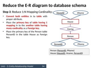 Unit – 3: Entity-Relationship Model 54
• Convert both entities in to table with
proper attribute.
• Place the primary key of table having 1
mapping in to the another table having
many cardinality as a Foreign key.
• Place the primary key of the Person table
PersonID in the table House as Foreign
key.
Reduce the E-R diagram to database schema
Step 3: Reduce 1:N Mapping Cardinality:
House
HouseID HName
Person
PersonID PName
Having
Person (PersonID, PName)
House (HouseID, Hname, PersonID)
 
