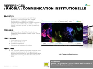 REFERENCES
/ RHODIA : COMMUNICATION INSTITUTIONELLE

OBJECTIFS
           Création d’un mini-site interactif Rich Media
 ...