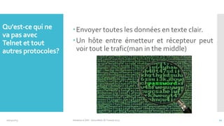 Qu'est-ce qui ne
va pas avec
Telnet et tout
autres protocoles?

10/14/2013

Envoyer toutes les données en texte clair.
Un hôte entre émetteur et récepteur peut
voir tout le trafic(man in the middle)

Initiation à SSH - SecuriNets ISI Tunisie'2013

10

 