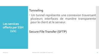 Les services
offerts par SSH
(2/2)

10/14/2013

Tunneling
 Un tunnel représente une connexion traversant
plusieurs interfaces de manière transparente
pour le client et le serveur.
Secure File Transfer (SFTP)

Initiation à SSH - SecuriNets ISI Tunisie'2013

17

 