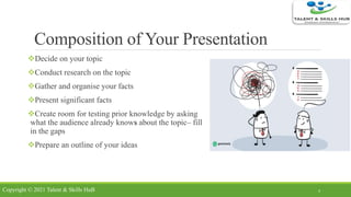 Composition of Your Presentation
Decide on your topic
Conduct research on the topic
Gather and organise your facts
Present significant facts
Create room for testing prior knowledge by asking
what the audience already knows about the topic– fill
in the gaps
Prepare an outline of your ideas
4Copyright © 2021 Talent & Skills HuB
 