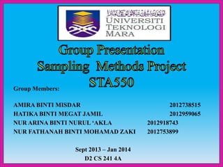 Group Members:
AMIRA BINTI MISDAR
HATIKA BINTI MEGAT JAMIL
NUR ARINA BINTI NURUL ‘AKLA
NUR FATHANAH BINTI MOHAMAD ZAKI
Sept 2013 – Jan 2014
D2 CS 241 4A

2012738515
2012959065
2012918743
2012753899

 