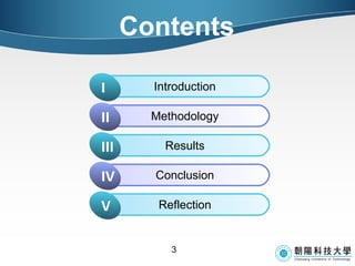 Contents Click to add Title 1 Introduction I Click to add Title 2 Methodology II Click to add Title 1 Results III Click to add Title 2 Conclusion IV Click to add Title 1 Reflection V 