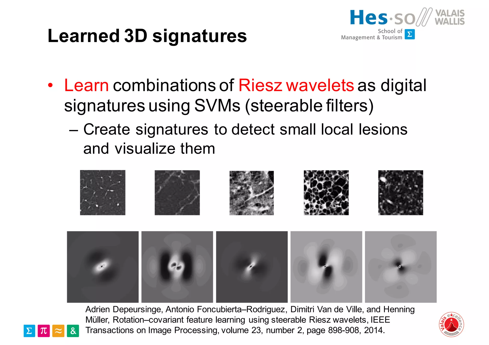 Learned 3D signatures
• Learn combinations of Riesz wavelets as digital
signatures using SVMs (steerable filters)
– Create signatures to detect small local lesions
and visualize them
Adrien Depeursinge, Antonio Foncubierta–Rodriguez, Dimitri Van de Ville, and Henning
Müller, Rotation–covariant feature learning using steerable Riesz wavelets, IEEE
Transactions on Image Processing, volume 23, number 2, page 898-908, 2014.
 
