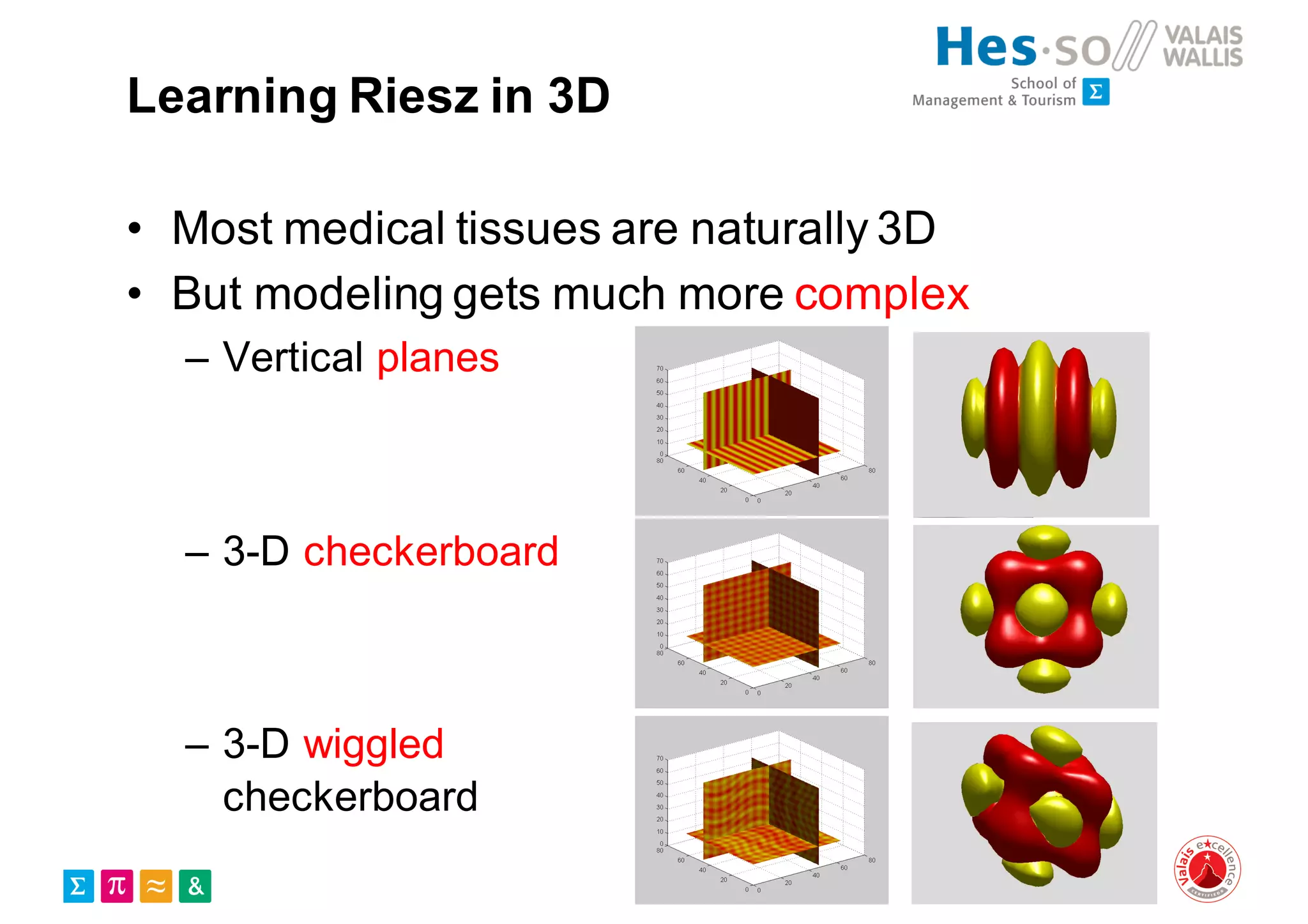 Learning Riesz in 3D
• Most medical tissues are naturally 3D
• But modeling gets much more complex
– Vertical planes
– 3-D checkerboard
– 3-D wiggled
checkerboard
 