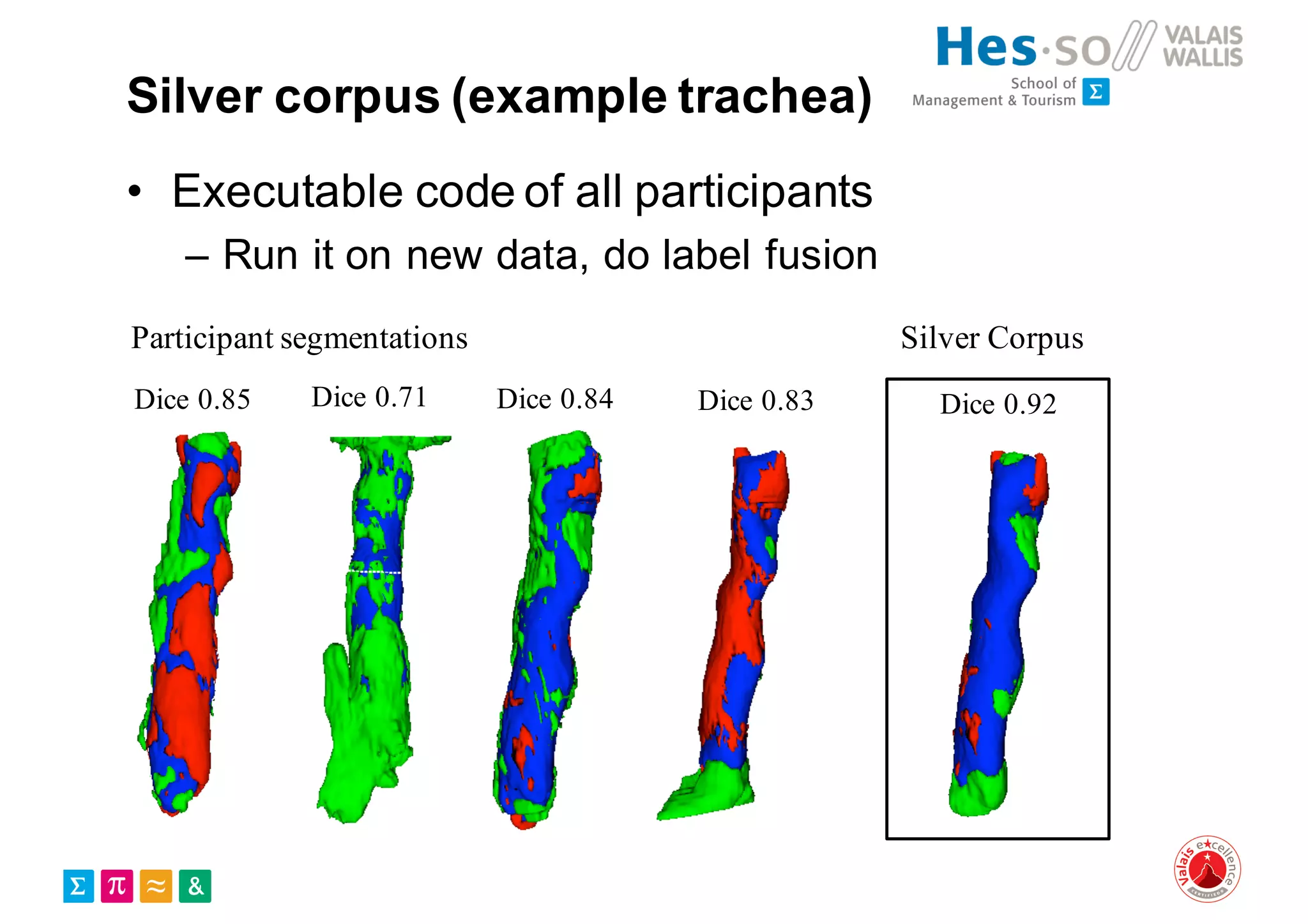 Silver corpus (example trachea)
• Executable code of all participants
– Run it on new data, do label fusion
Dice 0.85 Dice 0.71 Dice 0.84 Dice 0.83
Participant segmentations
Dice 0.92
Silver Corpus
 