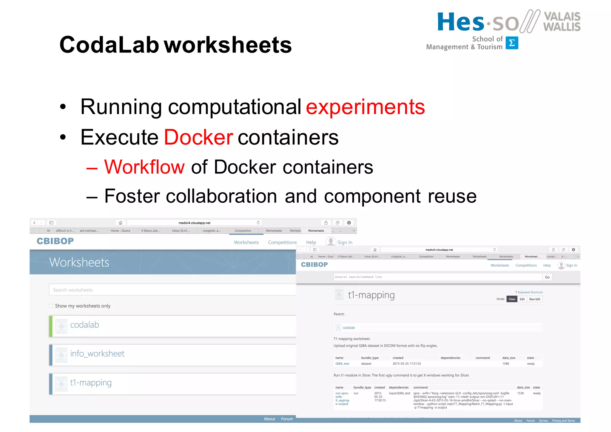 CodaLab worksheets
• Running computational experiments
• Execute Docker containers
– Workflow of Docker containers
– Foster collaboration and component reuse
 