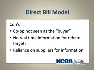 Con’s
• Co-op not seen as the “buyer”
• No real time information for rebate
  targets
• Reliance on suppliers for information
 