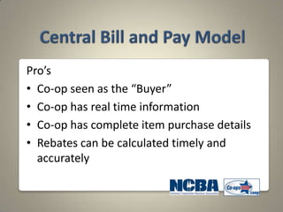 Pro’s
• Co-op seen as the “Buyer”
• Co-op has real time information
• Co-op has complete item purchase details
• Rebates can be calculated timely and
  accurately
 