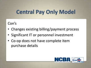 Con’s
• Changes existing billing/payment process
• Significant IT or personnel investment
• Co-op does not have complete item
  purchase details
 