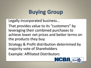 Legally incorporated business…
That provides value to its “customers” by
leveraging their combined purchases to
achieve lower net prices and better terms on
the products they buy.
Strategy & Profit distribution determined by
majority vote of Shareholders
Example: Affiliated Distributors
 