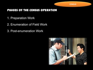 CENSUS
1. Preparation Work
2. Enumeration of Field Work
3. Post-enumeration Work
Phases of the census operation
 