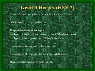 12
Genital Herpes (HSV-2)
• Virus Infection (Incurable) - Herpes Simplex Type 2 Virus
• “Outbreaks” of blisters and ulcers.
• Herpes infection is of two types:
- Type 1: infects oral mucous membrane (80% of infections).
- Type 2: infects genital tract (80% of infections).
• Transmission via vaginal, oral and anal sex.
• Transmission of virus can also occur through fingers.
• Herpes simplex remains in body for life.
 