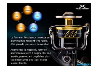 La forme et l’épaisseur du rotor en 
aluminium le rendent très rigide, 
d’où plus de puissance en combat.

Augmenter la masse du rotor en 
Augmenter la masse du rotor en
aluminium revient à augmenter son 
inertie, permettant de pêcher plus 
facilement avec des “Jigs” et des 
leurres lourds.
 