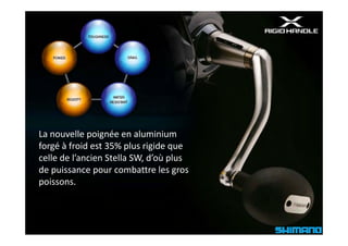 La nouvelle poignée en aluminium 
forgé à froid est 35% plus rigide que 
celle de l’ancien Stella SW, d’où plus 
de puissance pour combattre les gros 
poissons.
   i
 