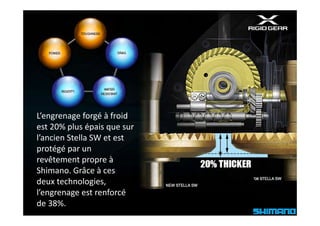 L’engrenage forgé à froid 
L’            f é à f id
est 20% plus épais que sur 
l ancien Stella SW et est 
l’ancien Stella SW et est
protégé par un 
revêtement propre à 
Shimano. Grâce à ces 
deux technologies, 
l’engrenage est renforcé 
l’              t   f é
de 38%.
 