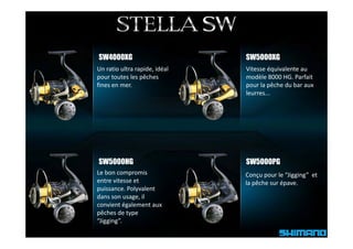 SW4000XG                       SW5000XG
Un ratio ultra rapide, idéal
Un ratio ultra rapide idéal    Vitesse équivalente au
                                                   au 
pour toutes les pêches         modèle 8000 HG. Parfait 
fines en mer.                  pour la pêche du bar aux 
                               leurres...




SW5000HG                       SW5000PG
Le bon compromis               Conçu pour le “Jigging”  et 
entre vitesse et 
entre vitesse et               la pêche sur épave.
                               l ê h        é
puissance. Polyvalent 
dans son usage, il
convient également aux 
pêches de type 
“Jigging”.
 