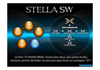Le frein “X‐TOUGH DRAG” encore plus doux, plus précis et plus 
résistant, permet de brider les poissons type thons ou carangues “GT”.
 