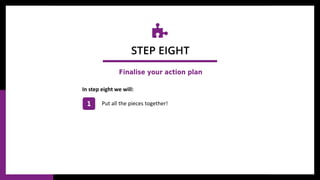 In step eight we will:
1 Put all the pieces together!
STEP EIGHT
Finalise your action plan
 