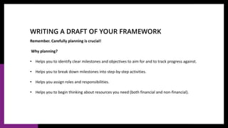 Remember. Carefully planning is crucial!
Why planning?
• Helps you to identify clear milestones and objectives to aim for and to track progress against.
• Helps you to break down milestones into step-by-step activities.
• Helps you assign roles and responsibilities.
• Helps you to begin thinking about resources you need (both financial and non-financial).
WRITING A DRAFT OF YOUR FRAMEWORK
 