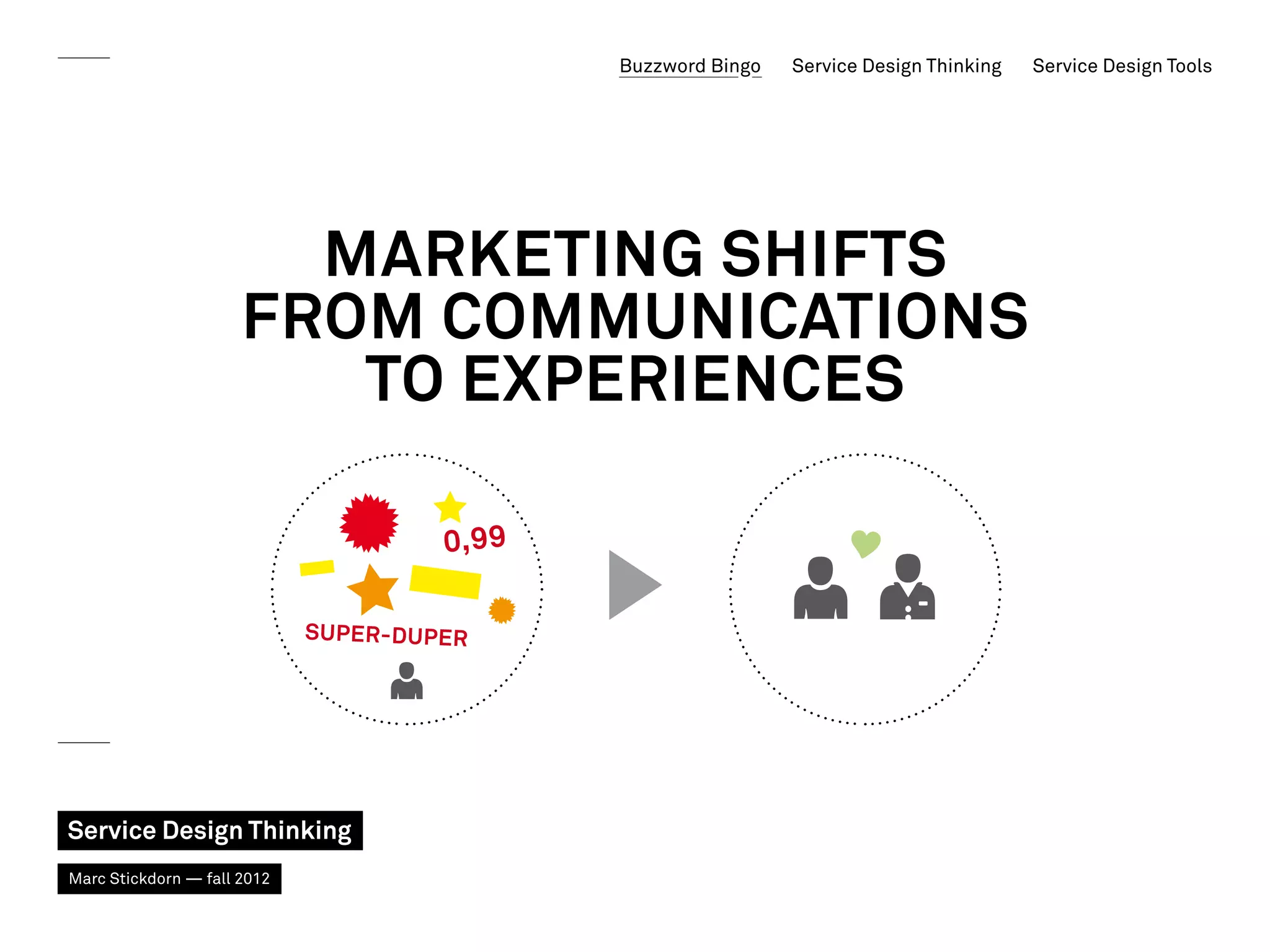 Buzzword Bingo   Service Design Thinking   Service Design Tools




                        marketing shifts
                      from communications
                         to experiences




Service Design Thinking
Marc Stickdorn — fall 2012
 
