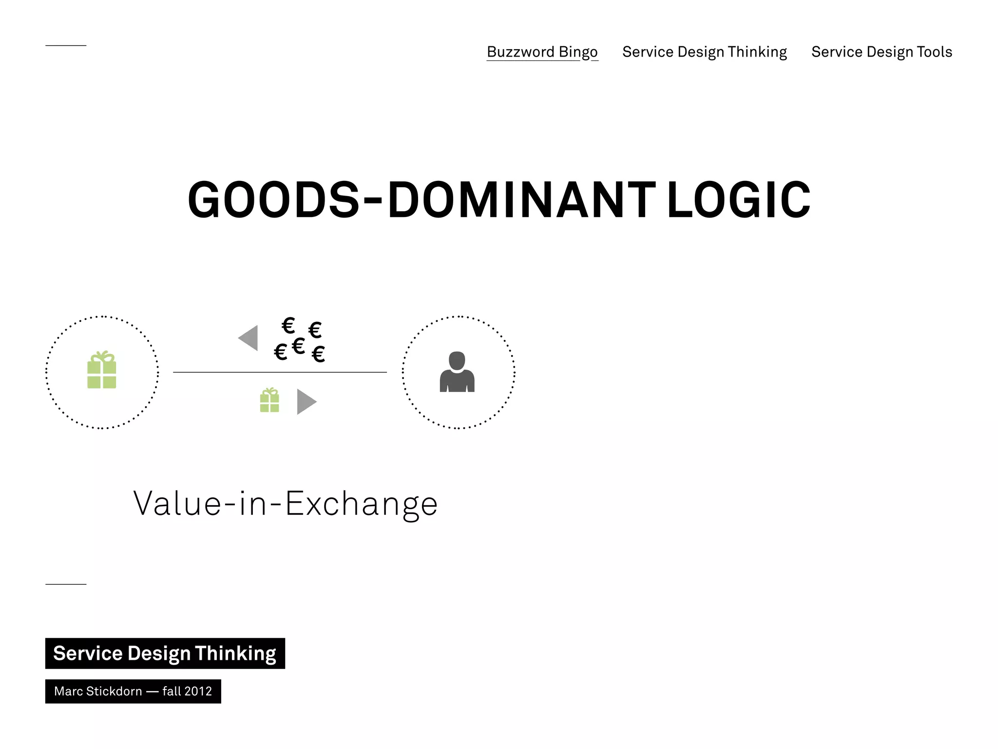 Buzzword Bingo   Service Design Thinking   Service Design Tools




                     GOODS-Dominant Logic




             Value-in-Exchange



Service Design Thinking
Marc Stickdorn — fall 2012
 