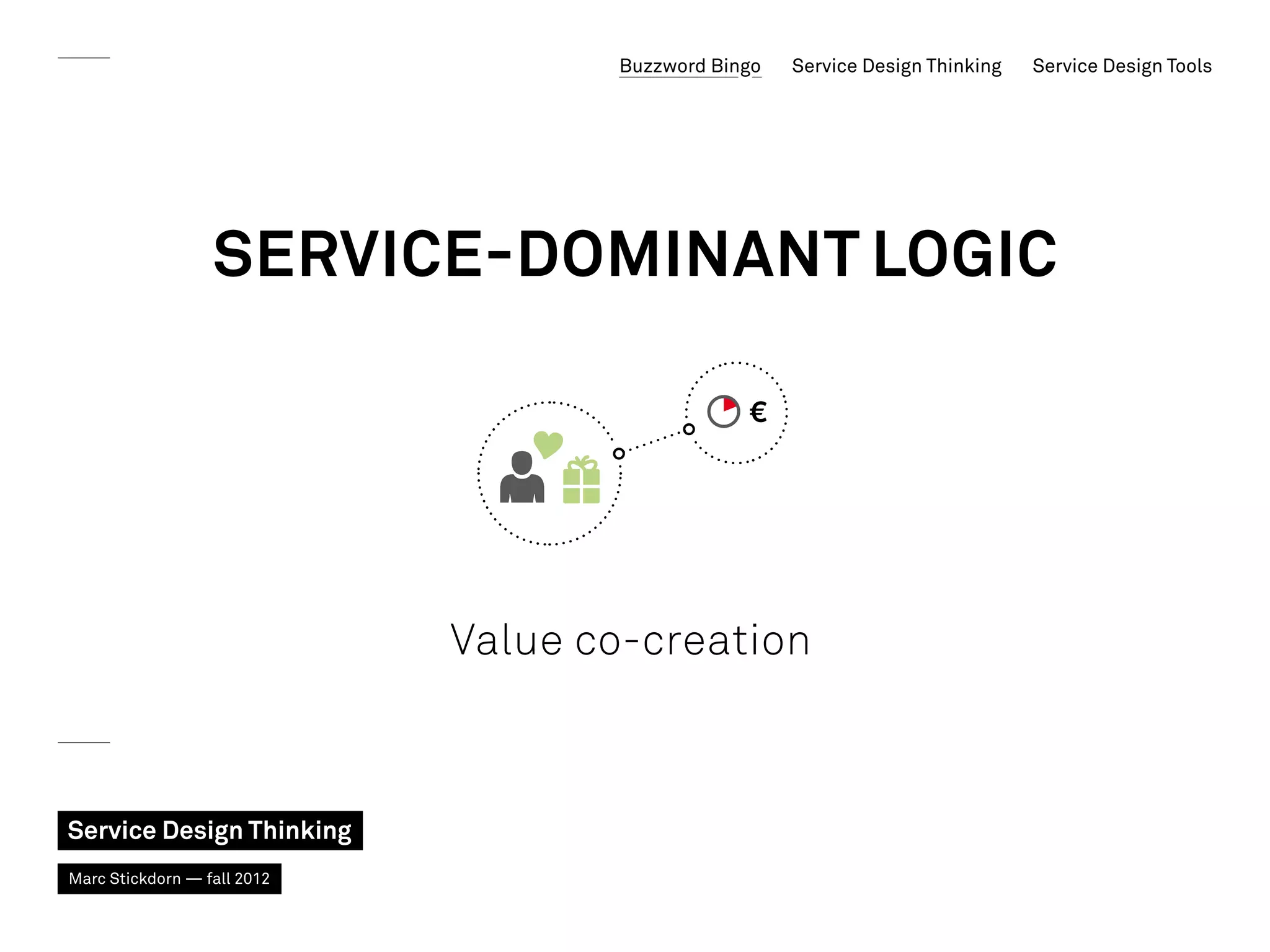 Buzzword Bingo   Service Design Thinking   Service Design Tools




                  Service-Dominant Logic




                             Value co-creation



Service Design Thinking
Marc Stickdorn — fall 2012
 