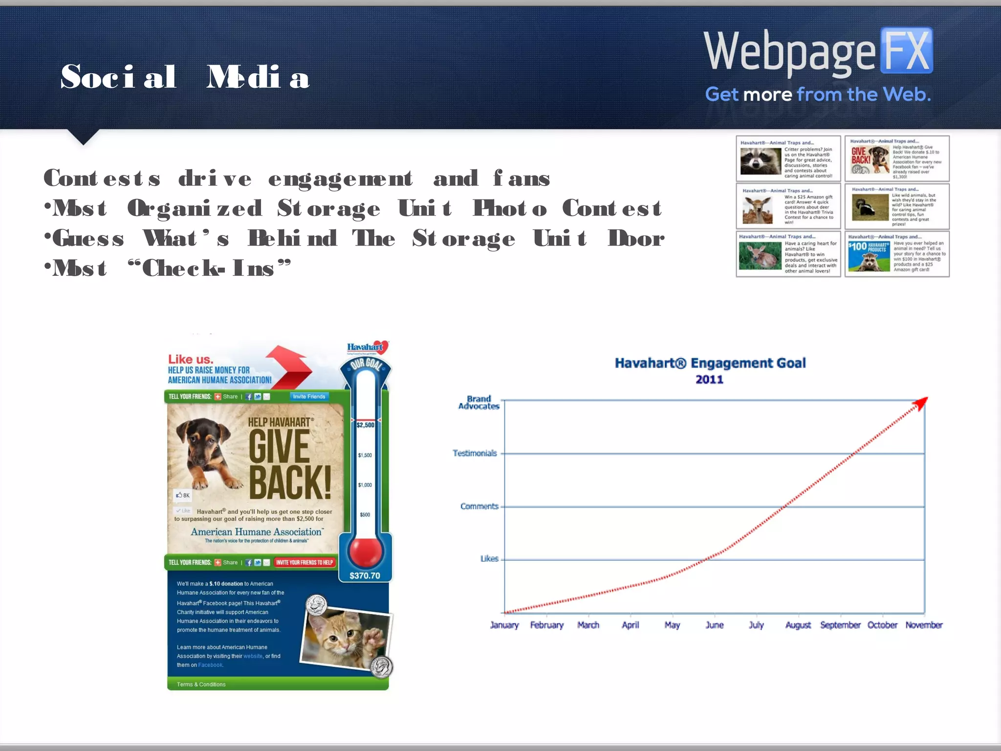 Social Media

Contests drive engagement and fans
•Most Organized Storage Unit Photo Contest
•Guess What’s Behind The Storage Unit Door
•Most “Check-Ins”
 
