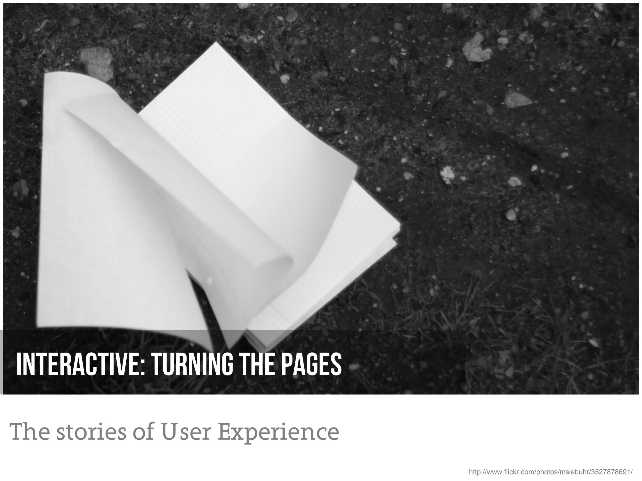 Interactive: Turning the pages

The stories of User Experience
                                 http://www.flickr.com/photos/msiebuhr/3527878691/
 